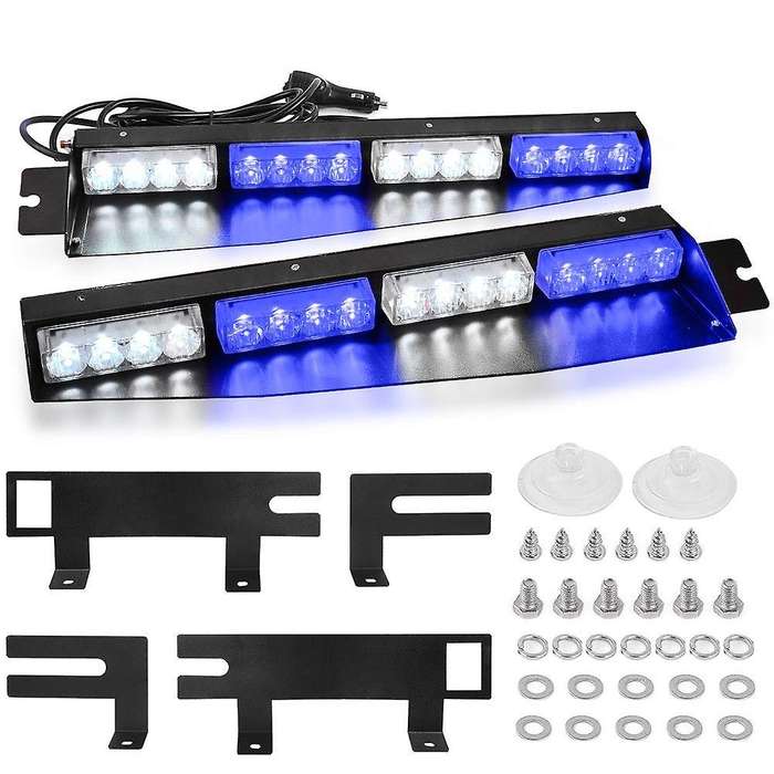 (Blue & White) 32 LED Visor Lights 15 Flash Patterns Emergency Strobe Lights Windshield Split Mount