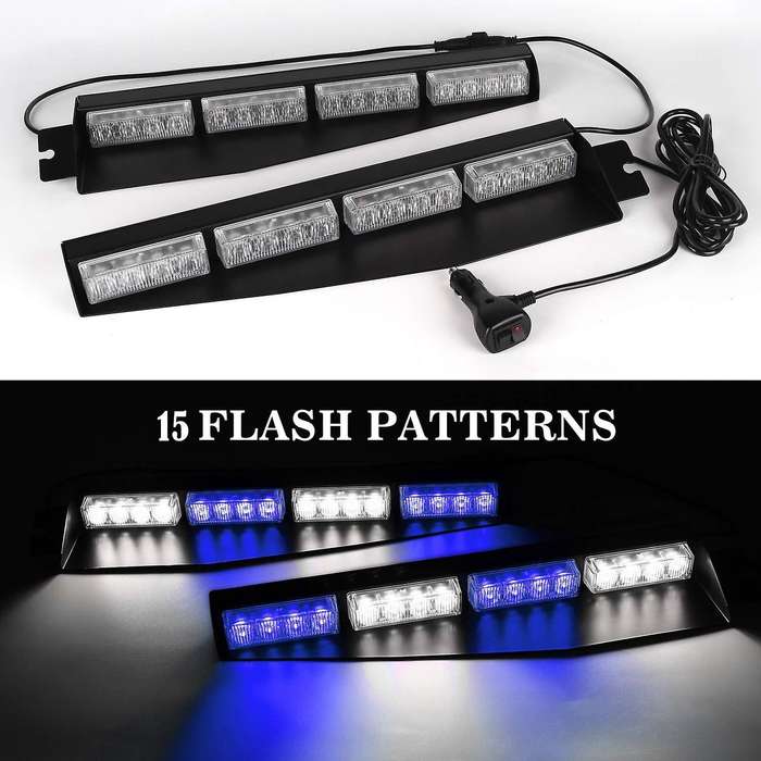 (Blue & White) 32 LED Visor Lights 15 Flash Patterns Emergency Strobe Lights Windshield Split Mount