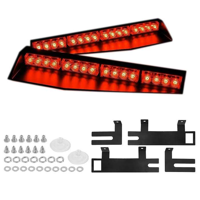 (Red) 32LED Visor Lights 15 Flash Patterns Emergency Strobe Lights Windshield Split Mount Light Bar