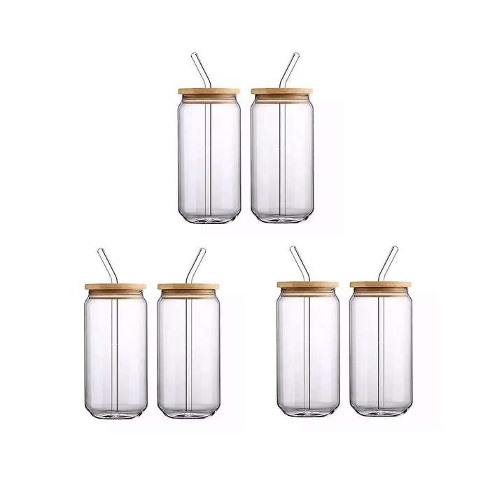 [ 6pcs Set ] Glass Cups with Bamboo Lids and - Beer Can Shaped Drinking Glasses, 16 Oz Iced Coffee