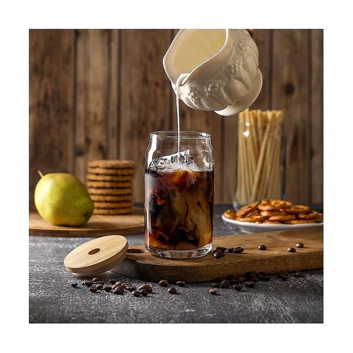 [ 6pcs Set ] Glass Cups with Bamboo Lids and - Beer Can Shaped Drinking Glasses, 16 Oz Iced Coffee