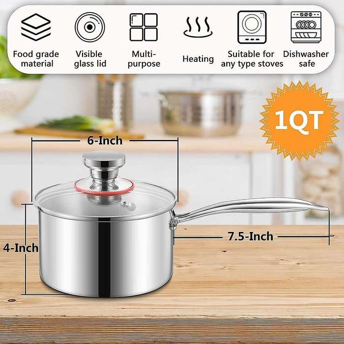 1 Qt Saucepan, Stainless Steel Milk Sauce Pan with Glass Lid, Kitchen Induction Cookware for Cooking