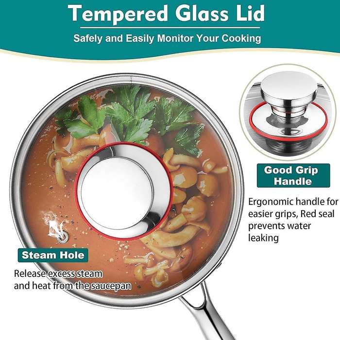 1 Qt Saucepan, Stainless Steel Milk Sauce Pan with Glass Lid, Kitchen Induction Cookware for Cooking
