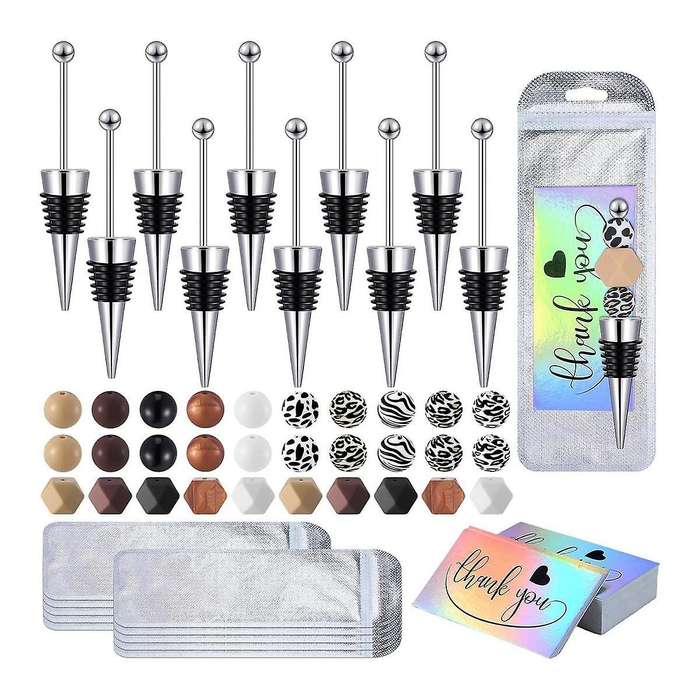 10 Pcs Beadable Wine Stoppers for Wine Bottles Bulk, 30 Pcs 15mm Silicone Beads Bulk for Diy Wedding