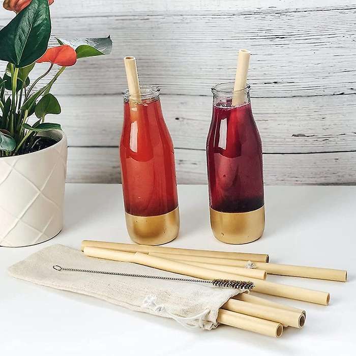 10 Pcs Bamboo Straw Reusable Straw Natural Organic Coffee Milk Tea Juice Straw with Cloth Bag and Cl