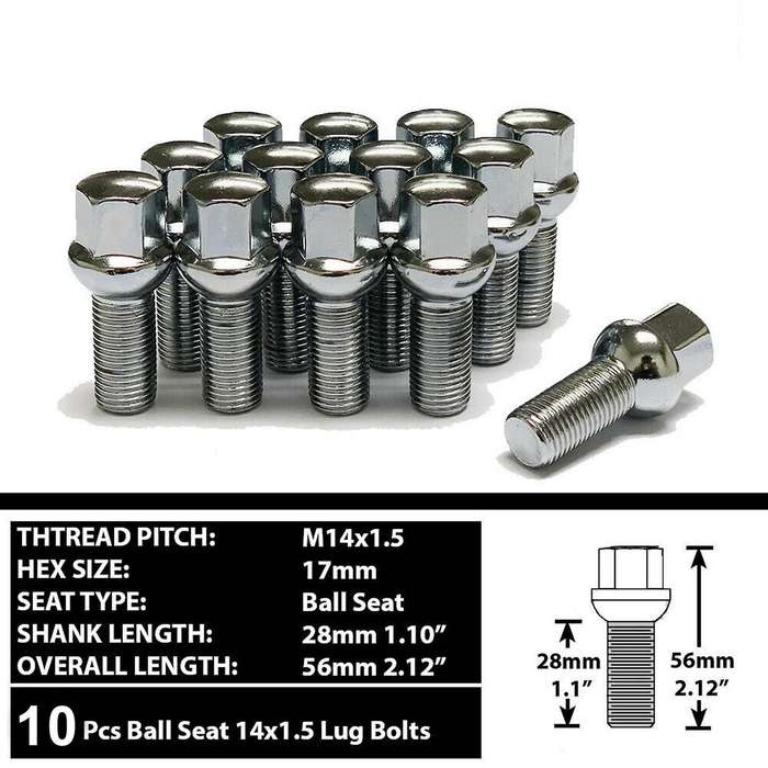 10 Pcs Chrome M14X1.5 Wheel Ball Seat Lug Bolt Nuts 28mm Shank for - & - & Golf & More