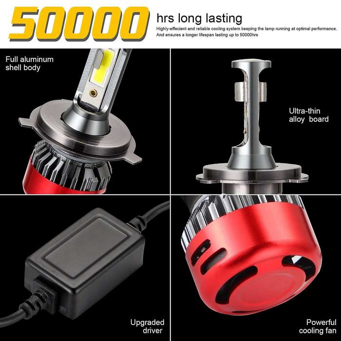 10000 Lumens H4 LED Headlight Bulb, DOB LED Chips Conversion Kit,6000K Cool White - 360Adjustable Be
