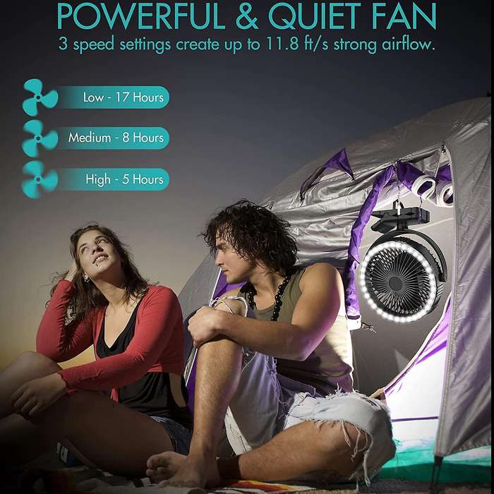 10000MAh Camping Fan and LED Light,8 Inch Rechargeable Battery-Operated Tent Fan for Hanging or Tabl
