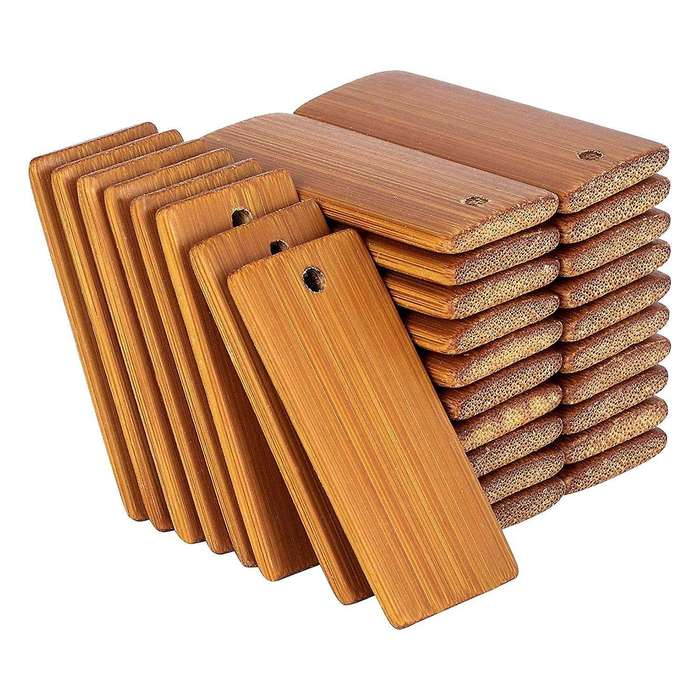100pcs 45x20mm Rectangle Wooden Tags for Keychain Rings, Bamboo Unfinished Wood Key Ring Tag
