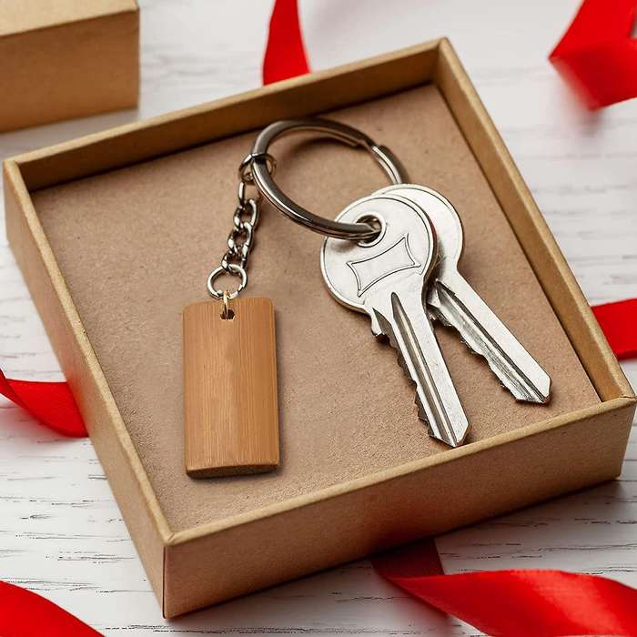 100pcs 45x20mm Rectangle Wooden Tags for Keychain Rings, Bamboo Unfinished Wood Key Ring Tag