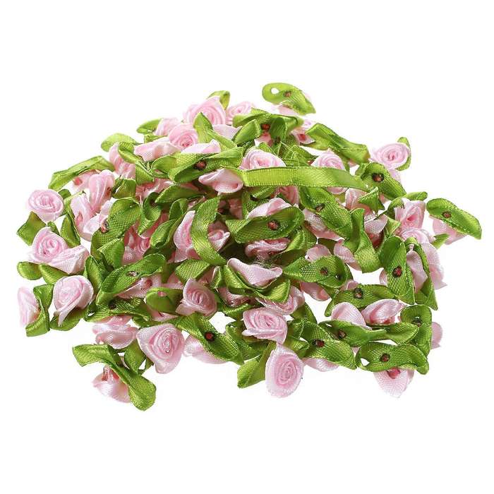 100pcs Mini Satin Ribbon Rose Flower Leaf Wedding Decor Appliques Sewing DIY Main Color:Pink