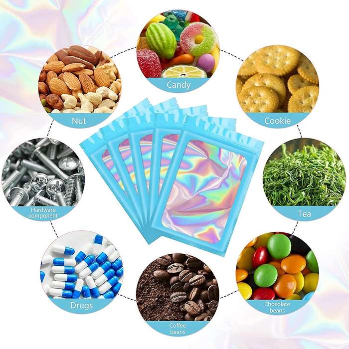 100Pcs Resealable Holographic Bags, Smell Proof Mylar Pouch with Clear Window for Food Storage Part