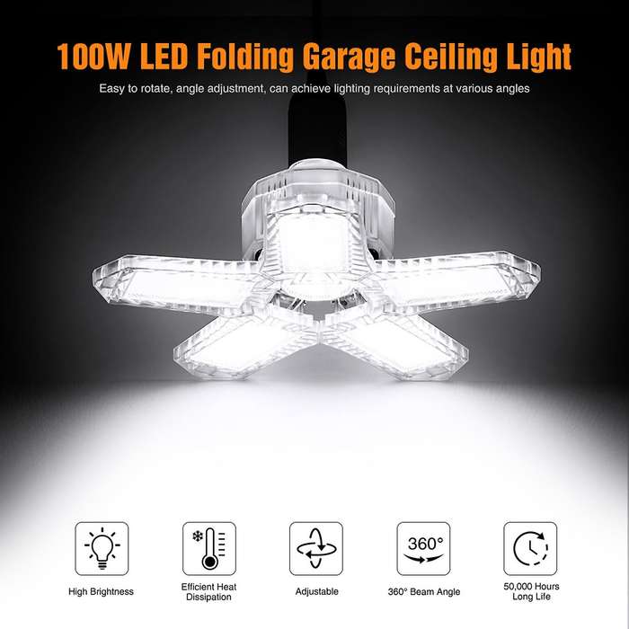 100W LED Five Leaf Garage Light Foldable Garage Ceiling Lamp 10000LM Deformation Basement Adjustable