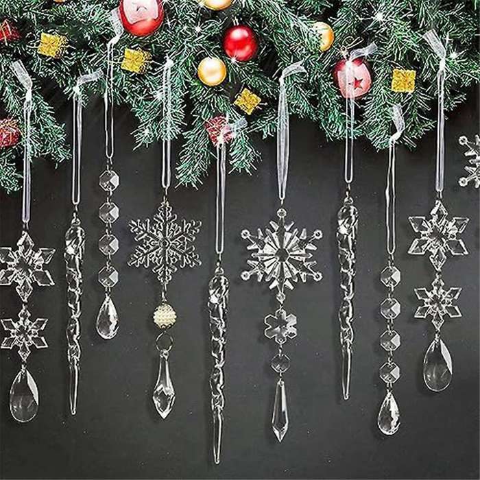 10Pcs Acrylic -Icicles Christmas Snowflake Pendants Xmas Tree Icicle Hanging Ornaments Christmas-Dec