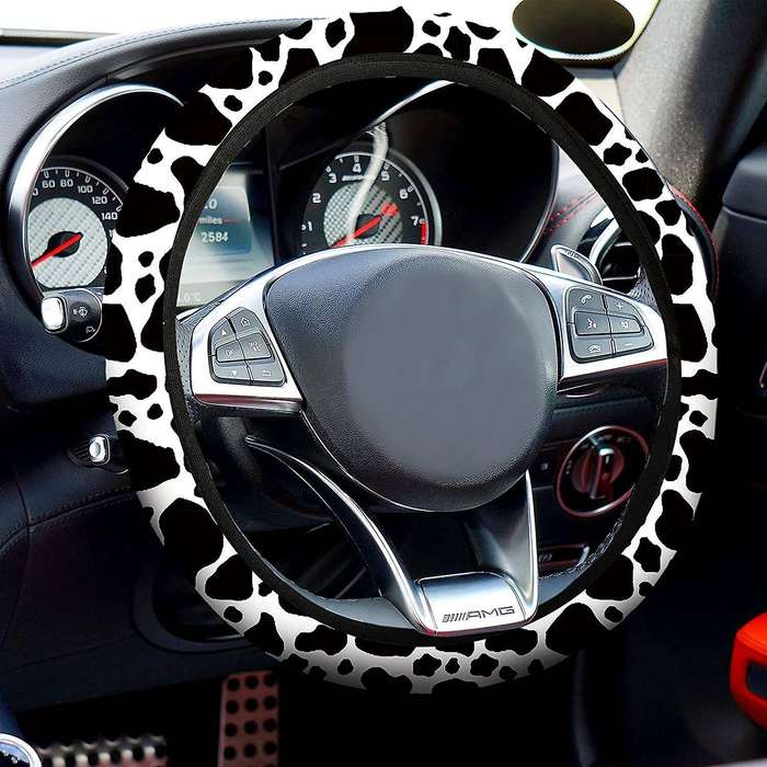 10PCS Cow Print Car Cover Kit, Car Steering Wheel Cover, Belt Pads, Car Floor Mats, Car Coasters, A