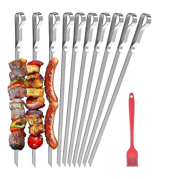 10Pcs Grill Skewers with Bag and Oil Brush,43cm Flat Stainless Steel Grill Skewers,for Outdoor and G