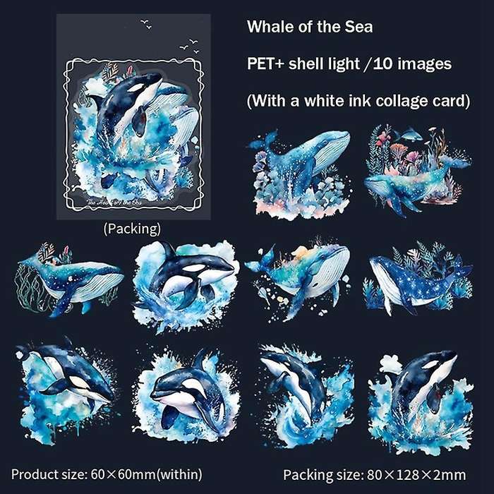 10Pcs Stickers for Girls Whale Stickers, PET Waterproof Gold Holographic Outlines Vibrant Colors Gli