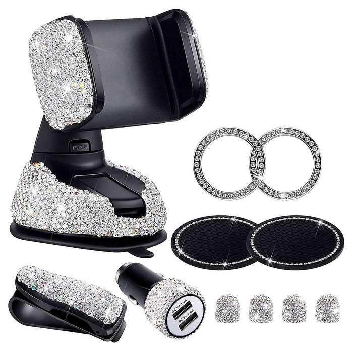 11PCS Car Phone Mount Bling Crystal Phone Holder Tire Valve Stem Caps Car Headrest Collars Rings Dua
