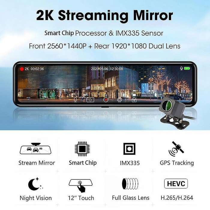 12 Inch Car Dvr Streaming Media Rear View Mirror Full HD 2K+1080P Dash Cam Dual Lens Video Recorder