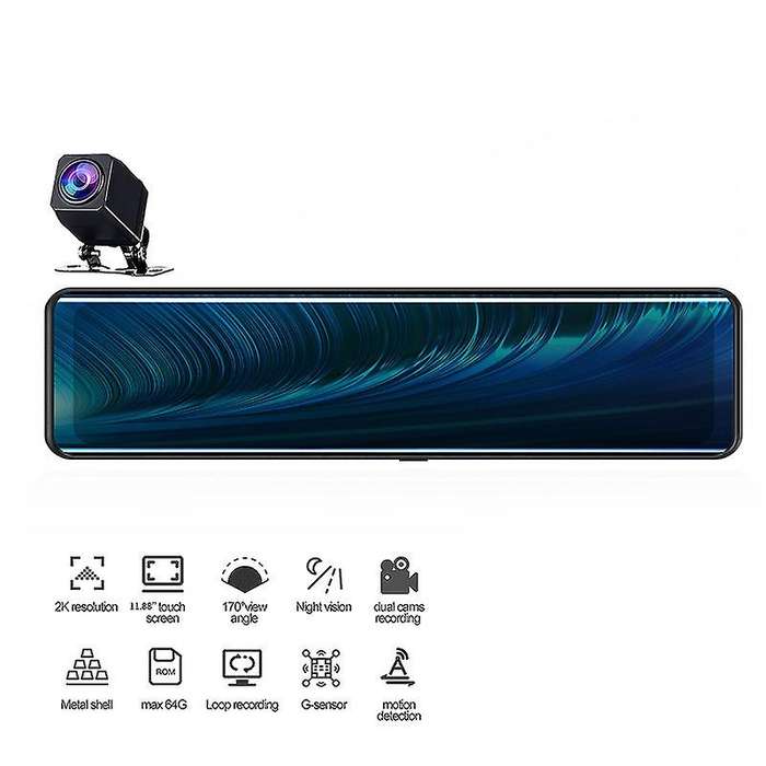 12 Inch Car DVR 2K Stream Media Dash Cam Contact Screen Dash Camera Dual Lens Rearview Mirror Drivin