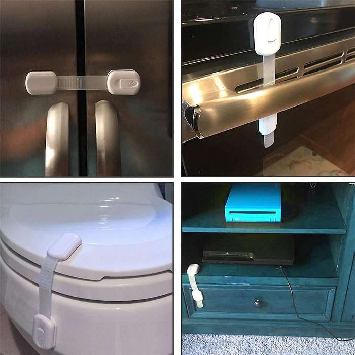 12 Pcs Cabinet Strap Locks Kids Proof Kit - Child Safety Drawer Cupboard Oven Refrigerator Adhesive