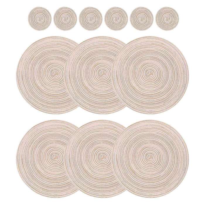 12 Pcs Round Placemats and Coasters Set(15 Inchx15 Inch&4.33 Inchx4.33 Inch) Beige