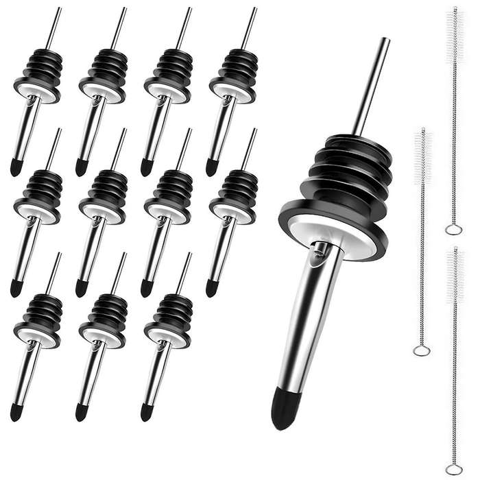 12 Piece Stainless Steel Bottle Pourer, Tapered Spout with Rubber Caps and Three Cleaning Sticks