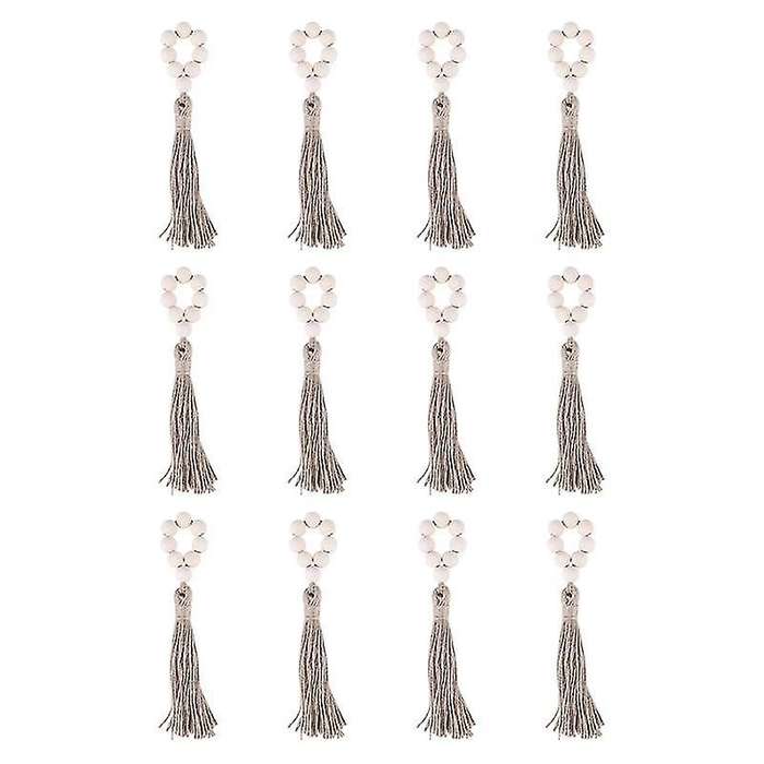 12 Pcs Wood Bead Napkin Rings with Tassels Rustic Farmhouse Garland Wall Hanging Decor Weddings Tab
