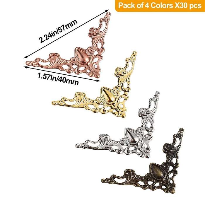 120pcs Metal Book Corner Protector, 4 Colors Iron Guard Edge Cover, Vintage Antique Book Scrapbooki