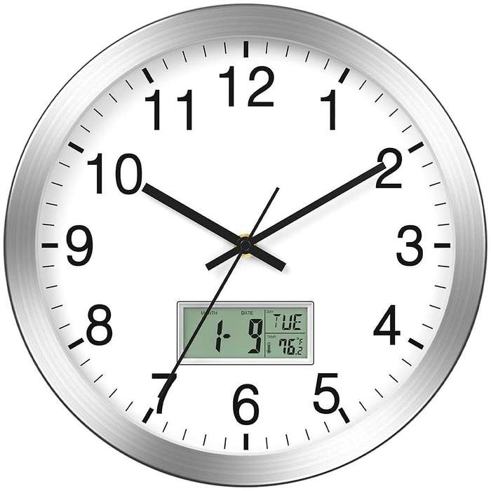 12inch Atomic Analog Wall Clock with Digital Date,Week,Indoor Temp - Battery Operated Atomic Wall Cl