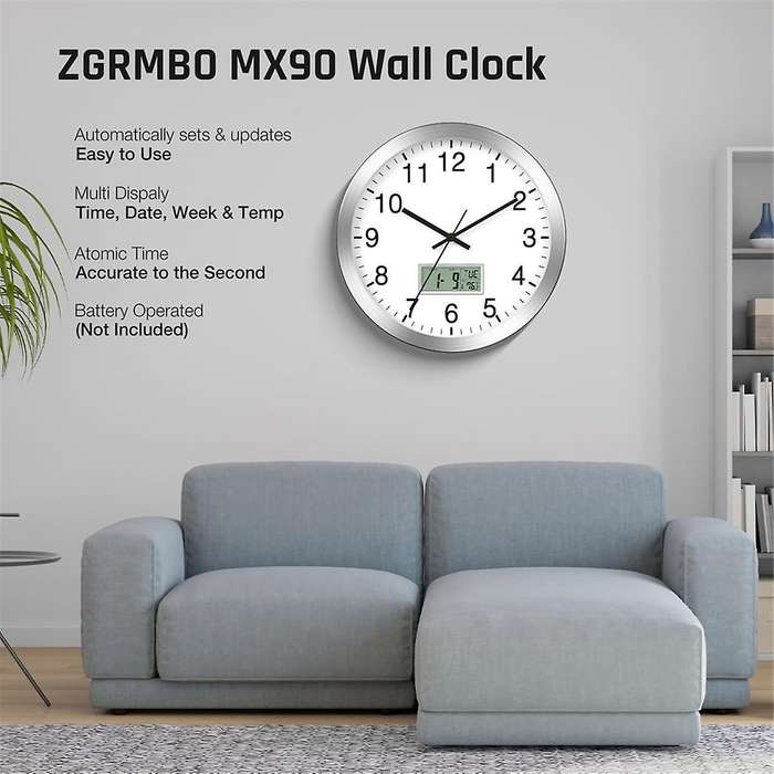 12inch Atomic Analog Wall Clock with Digital Date,Week,Indoor Temp - Battery Operated Atomic Wall Cl
