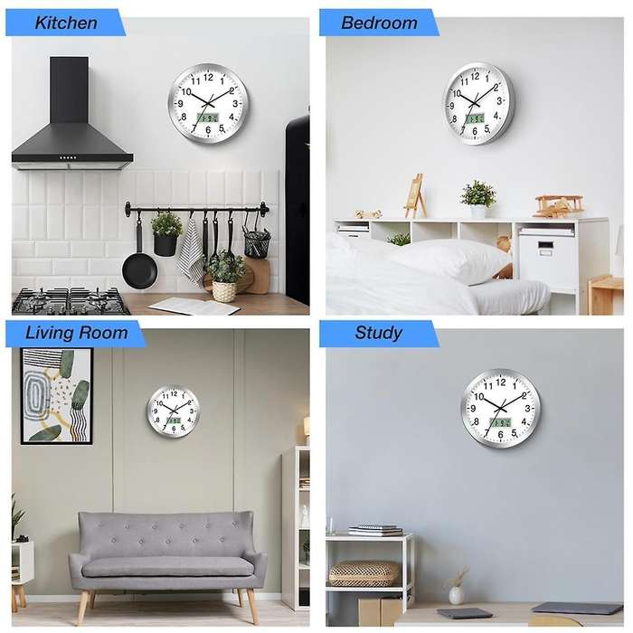 12inch Atomic Analog Wall Clock with Digital Date,Week,Indoor Temp - Battery Operated Atomic Wall Cl