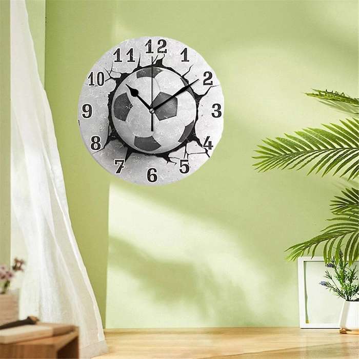 12inch Football Wall Crack Clock Round Wall Clock Mute Quartz Table Clock Bedroom Living Room Home D