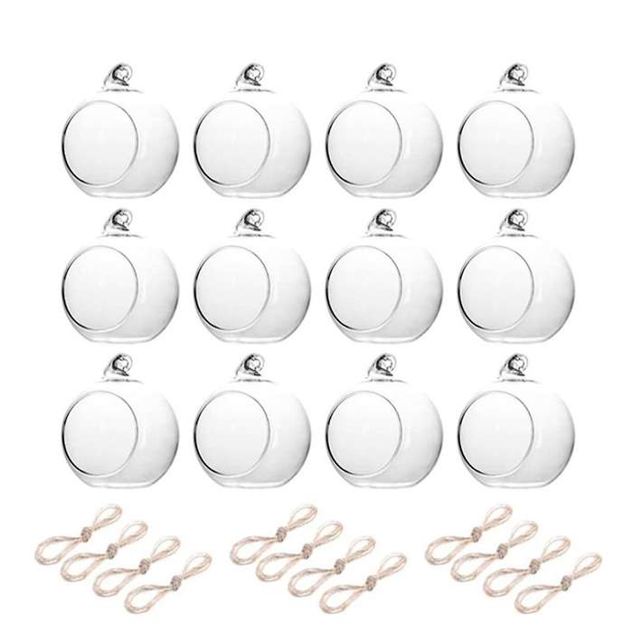 12PCS 6CM Round Hollow Glass Hanging Stand Candle Holder Wedding Art Decoration Table Lantern with E