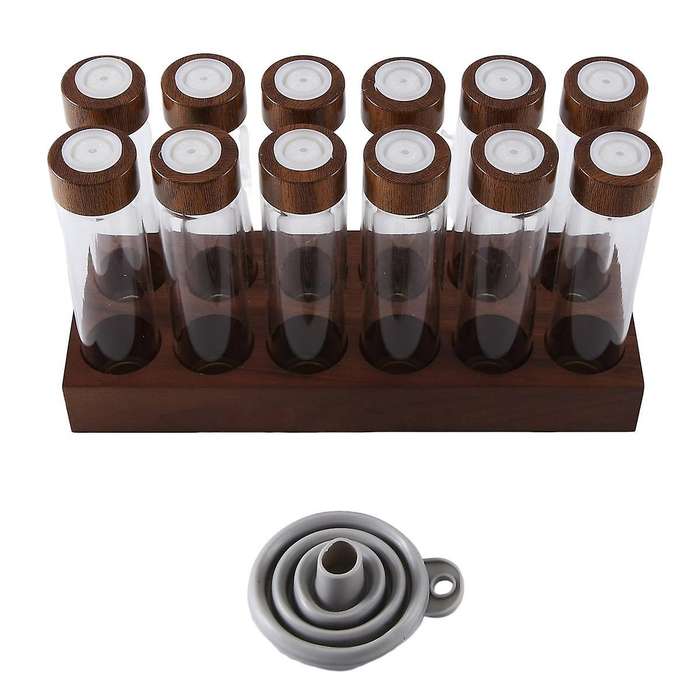 12pcs Coffee Bean Storage Tubes Coffee Bean Cellar Wooden Display Stand and Funnel Espresso Accessor