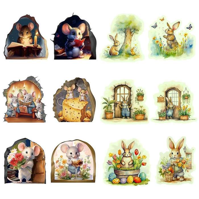 12PCS Cute Luminous Wall Decals Adorable Mouse Reading Book Rabbit Kids Room Wall Decor Sticker Deca