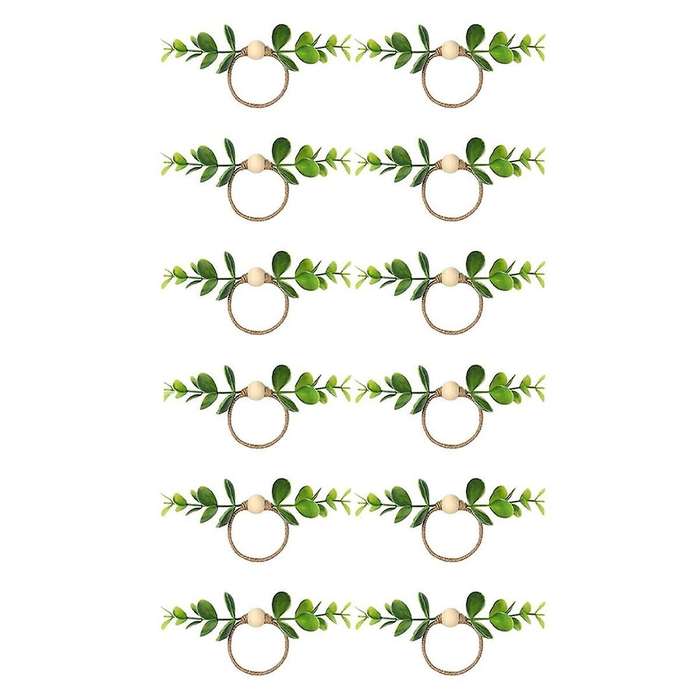 12pcs Eucalyptus Napkin Rings, Wood Bead Napkin Rings Farmhouse Leaf Spring Napkin Rings for Dining
