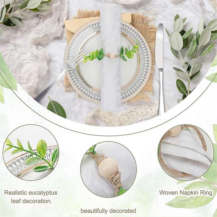 12pcs Eucalyptus Napkin Rings, Wood Bead Napkin Rings Farmhouse Leaf Spring Napkin Rings for Dining