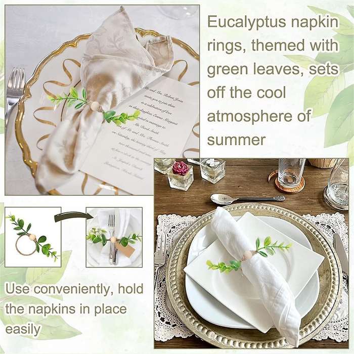 12pcs Eucalyptus Napkin Rings, Wood Bead Napkin Rings Farmhouse Leaf Spring Napkin Rings for Dining