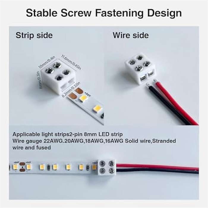 12PCS Led Strip Light Connectors Solderless 2Pin 8mm LED Connectors Strip to Wire for 5-24v Single C