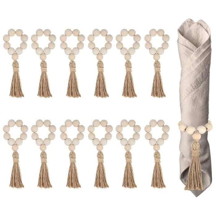 12PCS Natural Wooden Beads Napkin Rings with Tassels Napkin Holders for Christmas Farmhouse Wedding