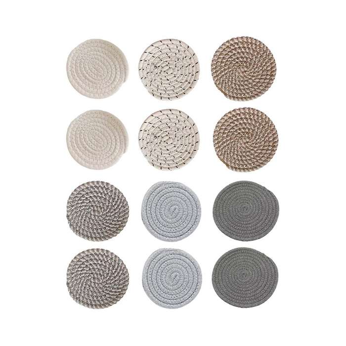 12pcs Placemats, Drink Coasters, Hand-woven Insulation Pads, Bowl Pads, Coasters, Plate Pads, Cotton