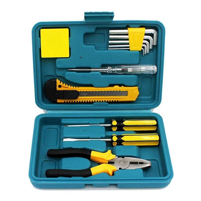 12pcs Universal Repair Kit with Plastic Toolbox with Wrench, Tape Measure and Screwdriver for Auto