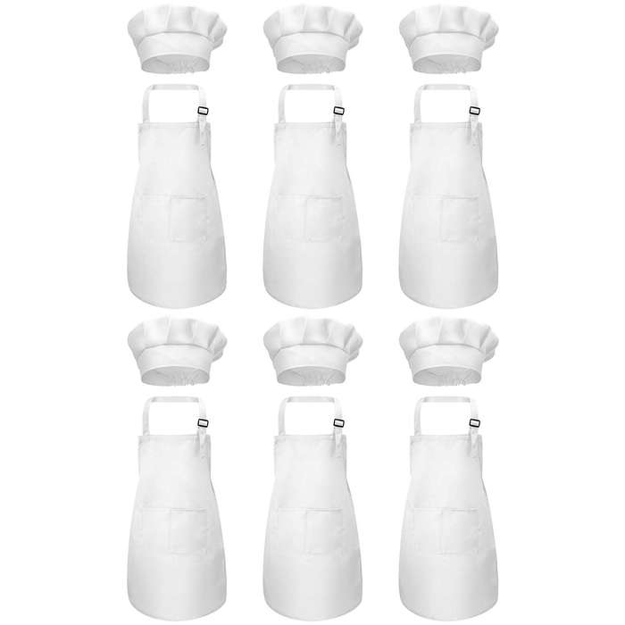 12-piece Apron and Chef Hat Set, Adjustable Children's Apron with Pockets (white, Suitable for 2-6