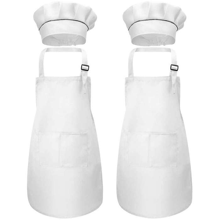 12-piece Apron and Chef Hat Set, Adjustable Children's Apron with Pockets (white, Suitable for 2-6
