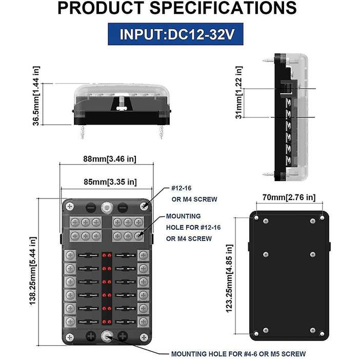 12V 32V Plastic Cover Fuse Box Holder M5 Stud with LED Indicator Light 12 Ways Blade for Auto Car Bo