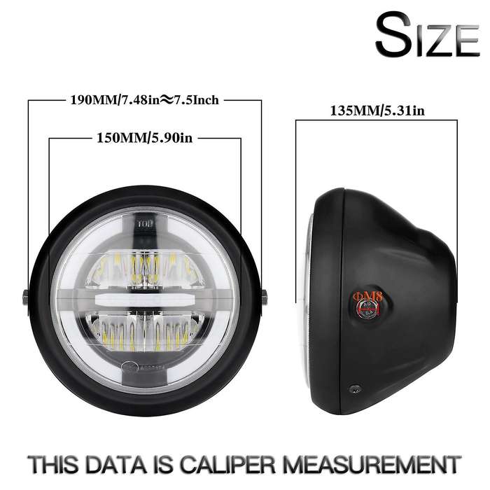 12V Universal Motorcycle Headlamp 7.5Inch Motorbike Refit Headlight Retro Black Round White Light He