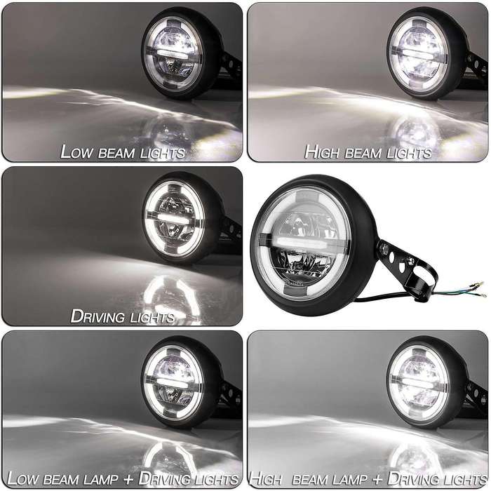 12V Universal Motorcycle Headlamp 7.5Inch Motorbike Refit Headlight Retro Black Round White Light He