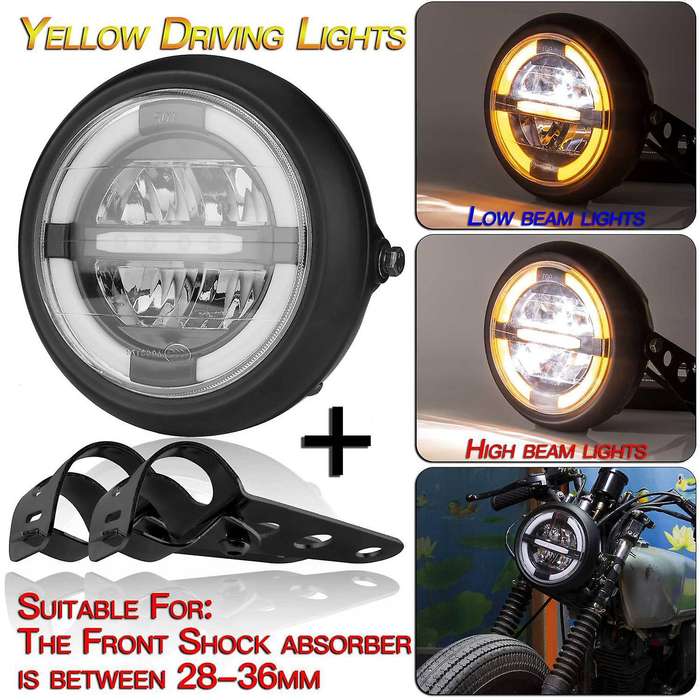 12V Universal Motorcycle Headlamp 7.5 Inch Motorbike Refit Headlight Retro Black Round Yellow Light