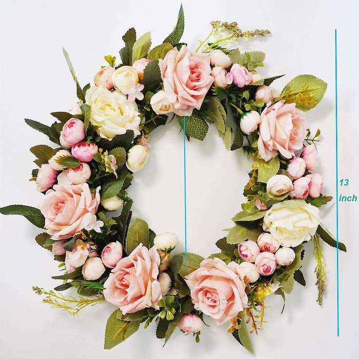 13 Inch Pink Rose Wreath Floral Wreath Classic Handmade Flowers for Front Door Wall Wedding Party C